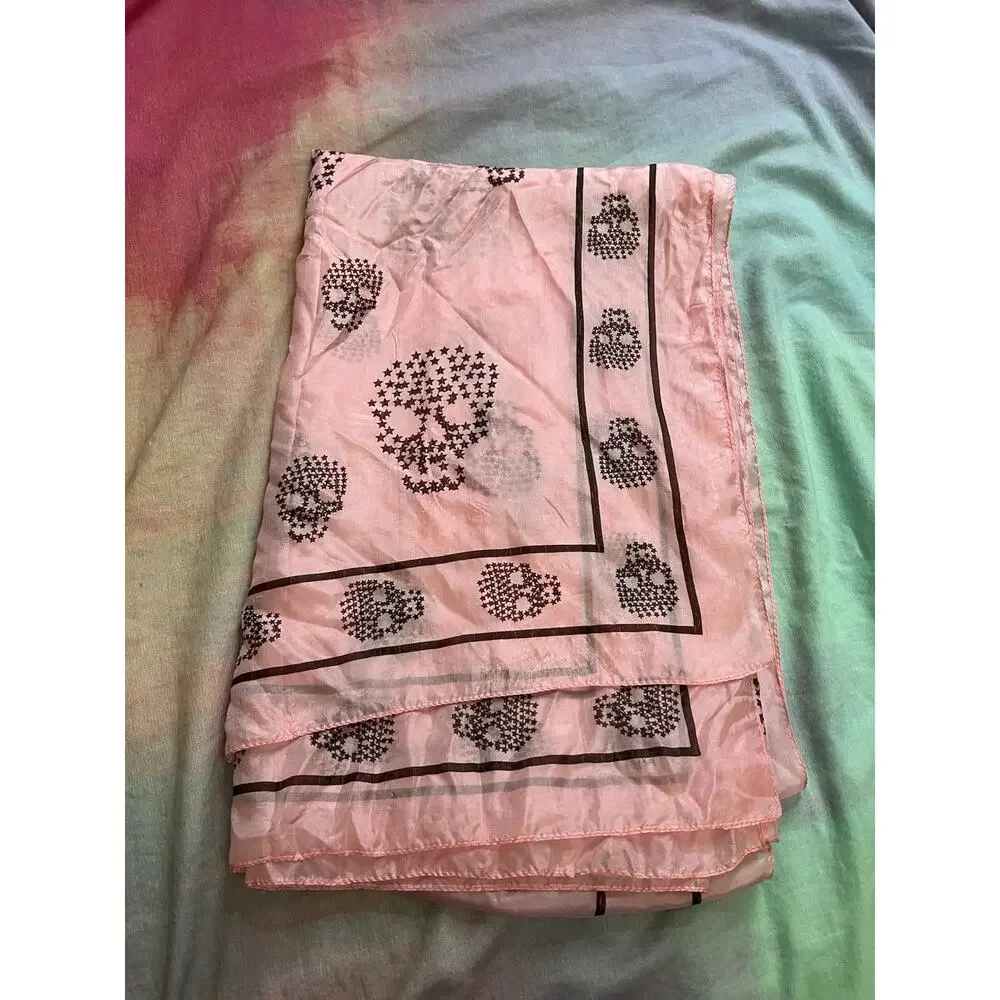 Y2K Pink Black Silk Chiffon Skull Print Rectangle Scarf Shawl Indie Sleaze 44x70